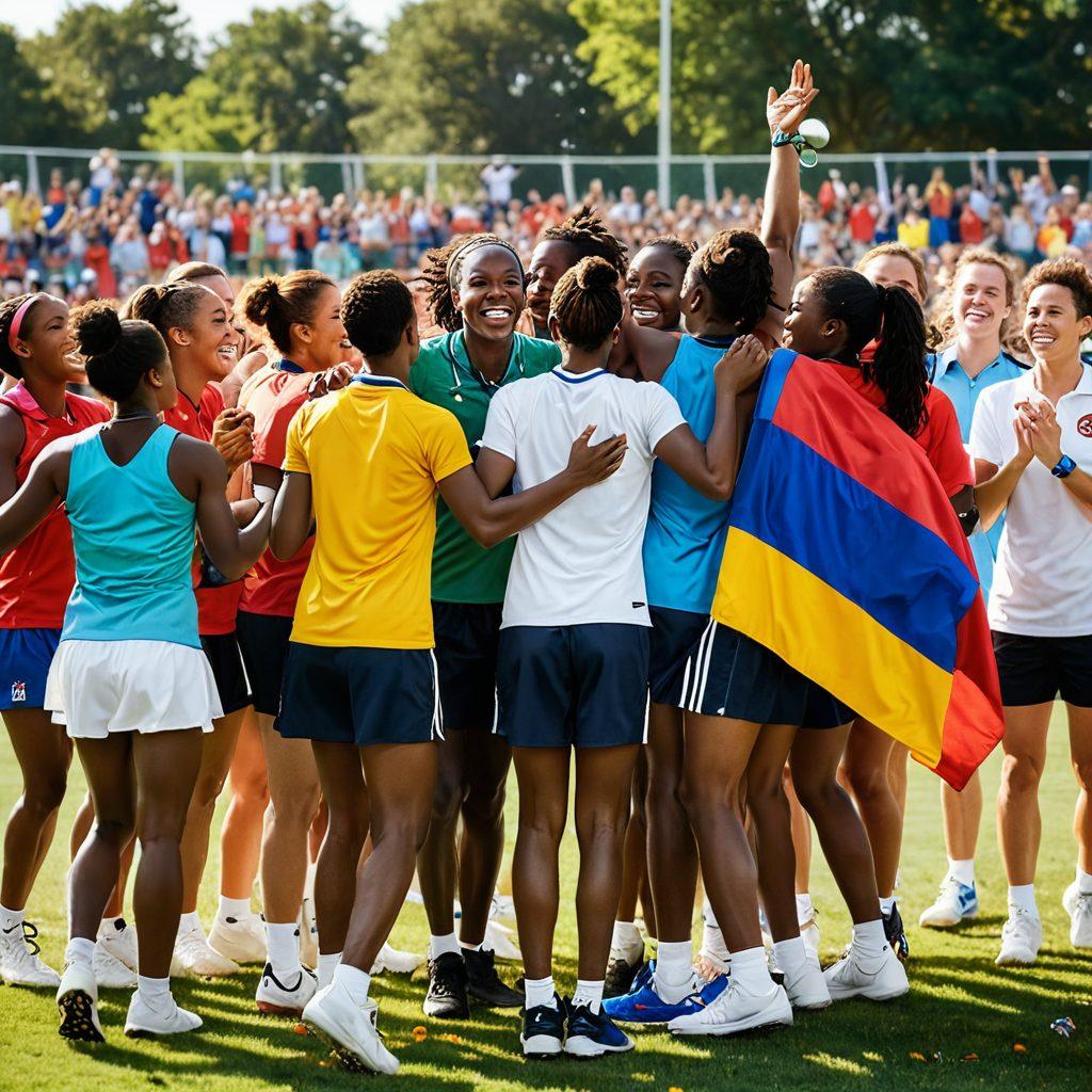 A dynamic scene of diverse athletes embracing each other post-competition on a sunlit field, highlighting emotions of camaraderie and sportsmanship. Include elements such as medals, sports gear scattered around, and an audience cheering in the background. Use vivid, warm colors to evoke feelings of joy and celebration. super-realistic. vibrant colors. energetic atmosphere.