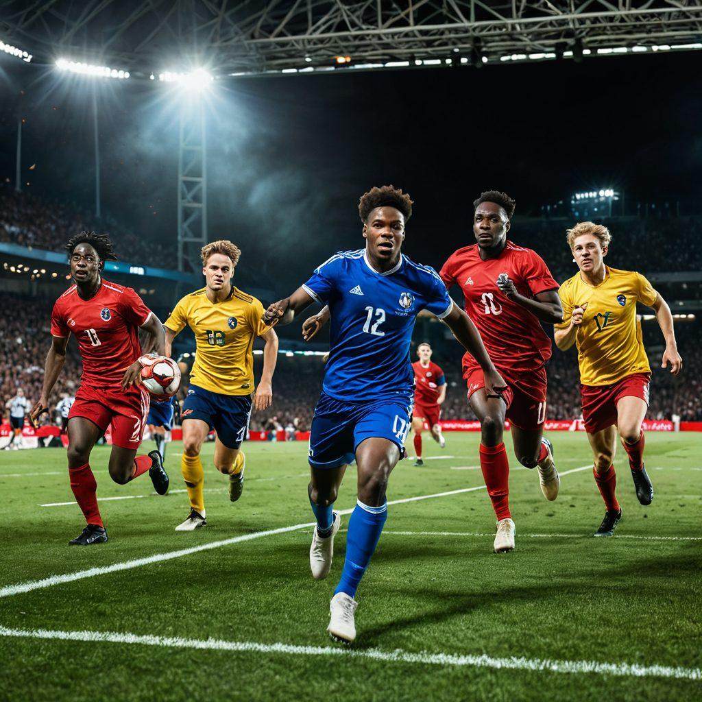 A dynamic scene capturing a diverse group of athletes in mid-action, showcasing the beauty of football with fluid movements and expressions of sportsmanship, surrounded by vibrant stadium lights and cheering crowds. The focus is on the ball being kicked with perfect precision, highlighting the unity and excitement of the sport while incorporating elements of teamwork and celebration among players. bold colors. super-realistic.