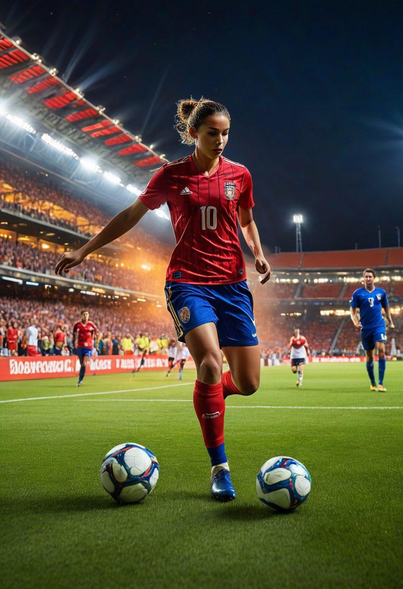 A dynamic soccer player executing a stunning dribble, showcasing graceful movements on a vibrant, grassy pitch. The player is captured mid-action, with a look of fierce determination, surrounded by colorful stadium lights and cheering fans in the background. The image highlights elegance, speed, and the artistry of athleticism in soccer. super-realistic. vibrant colors. action-packed.